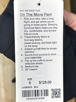Women's 6 - NWT Black Lululemon On The Move Pant