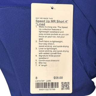 Women's 8 - NWT Blue Lululemon Speed Up Short