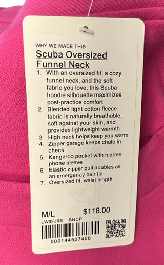 Women's M/L - NWT Sonic Pink Lululemon Oversized Scuba Fullzip